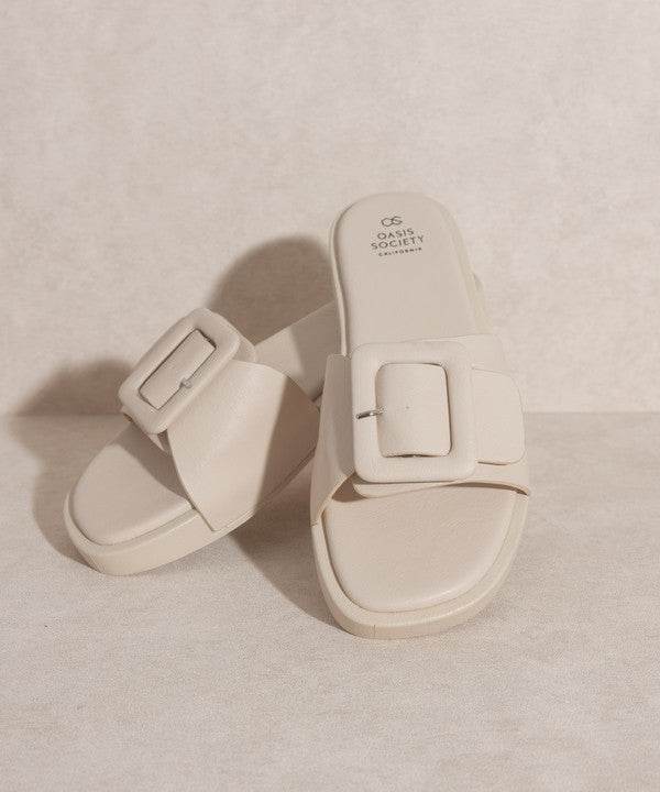 OASIS SOCIETY Daisy - Single Buckle Slide Square Toe Sandals - Rosa Apparel