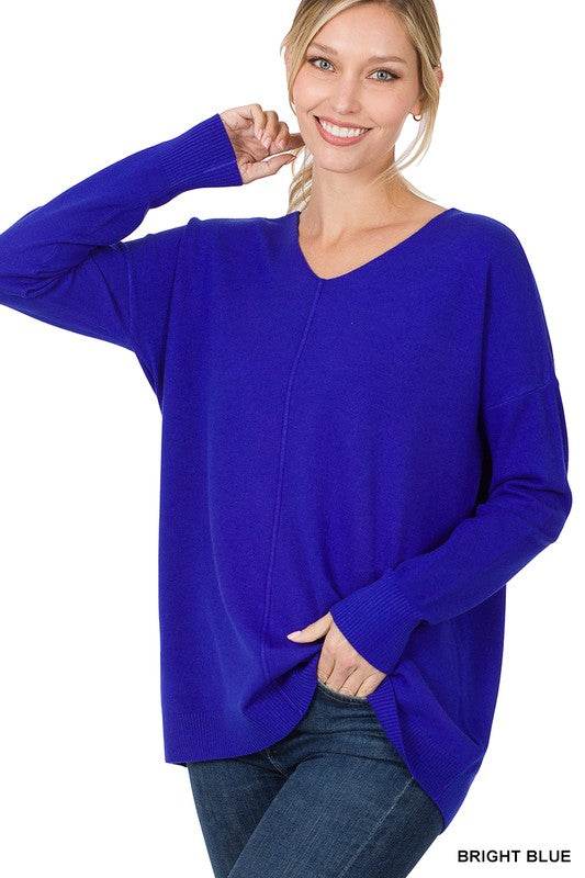 Zenana Hi-Low Garment Dyed V-Neck Front Seam Sweater - Rosa Apparel