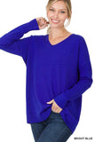 Zenana Hi-Low Garment Dyed V-Neck Front Seam Sweater - Rosa Apparel