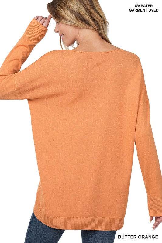 Zenana Hi-Low Garment Dyed V-Neck Front Seam Sweater - Rosa Apparel