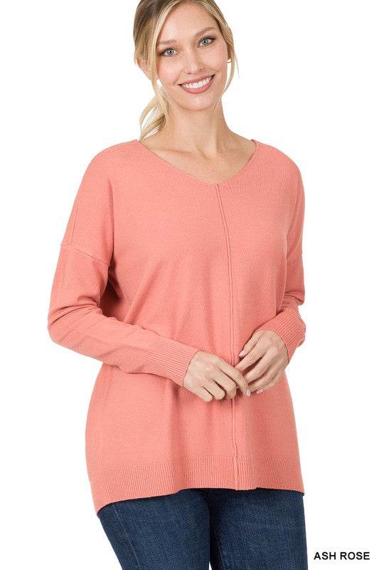 Zenana Hi-Low Garment Dyed V-Neck Front Seam Sweater - Rosa Apparel