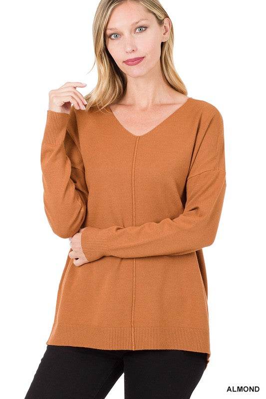 Zenana Hi-Low Garment Dyed V-Neck Front Seam Sweater - Rosa Apparel