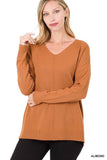 Zenana Hi-Low Garment Dyed V-Neck Front Seam Sweater - Rosa Apparel