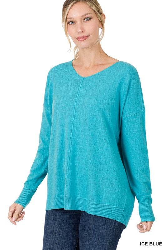 Zenana Hi-Low Garment Dyed V-Neck Front Seam Sweater - Rosa Apparel