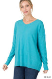 Zenana Hi-Low Garment Dyed V-Neck Front Seam Sweater - Rosa Apparel