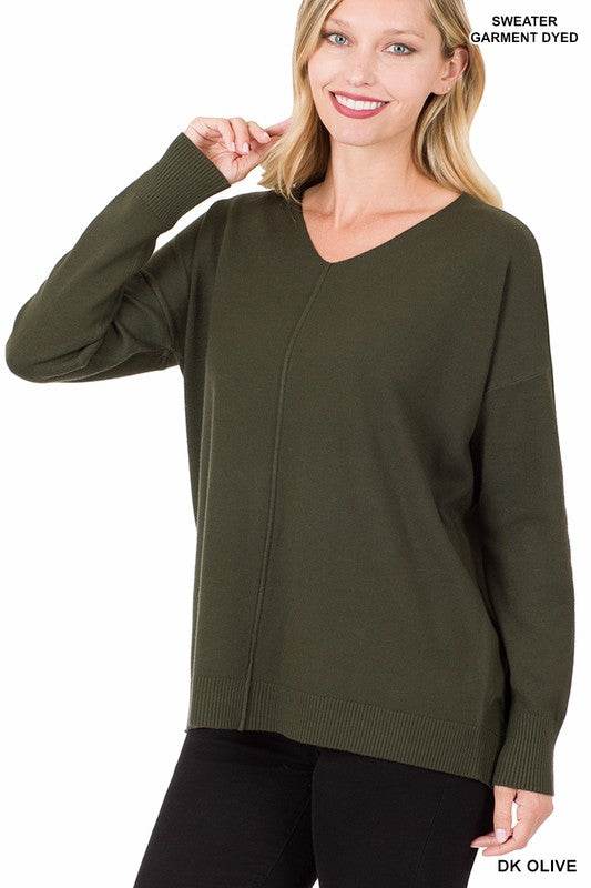 Zenana Hi-Low Garment Dyed V-Neck Front Seam Sweater - Rosa Apparel