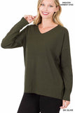 Zenana Hi-Low Garment Dyed V-Neck Front Seam Sweater - Rosa Apparel