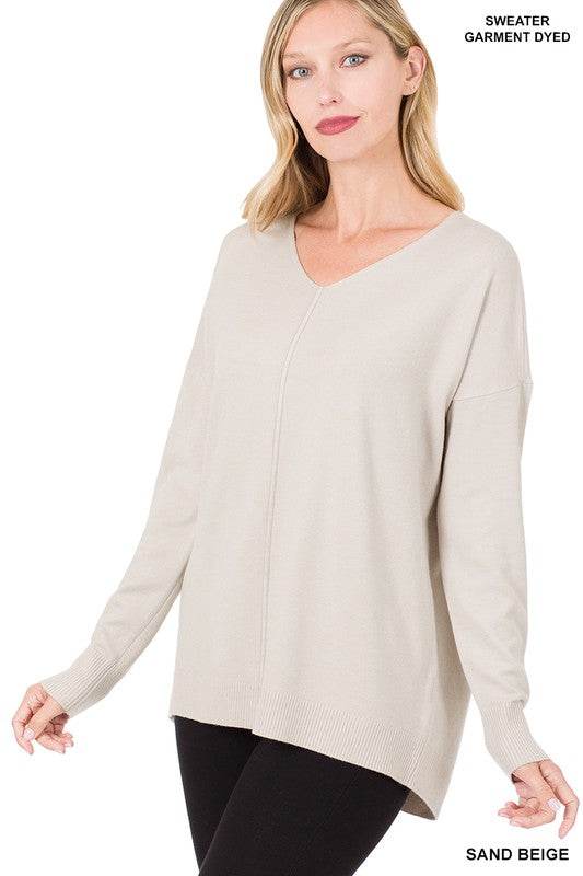 Zenana Hi-Low Garment Dyed V-Neck Front Seam Sweater - Rosa Apparel