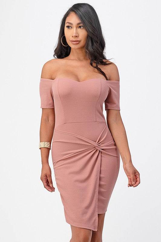 La Scala Off The Shoulder Front Twist Bodycon Dress - Rosa Apparel
