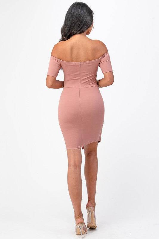 La Scala Off The Shoulder Front Twist Bodycon Dress - Rosa Apparel