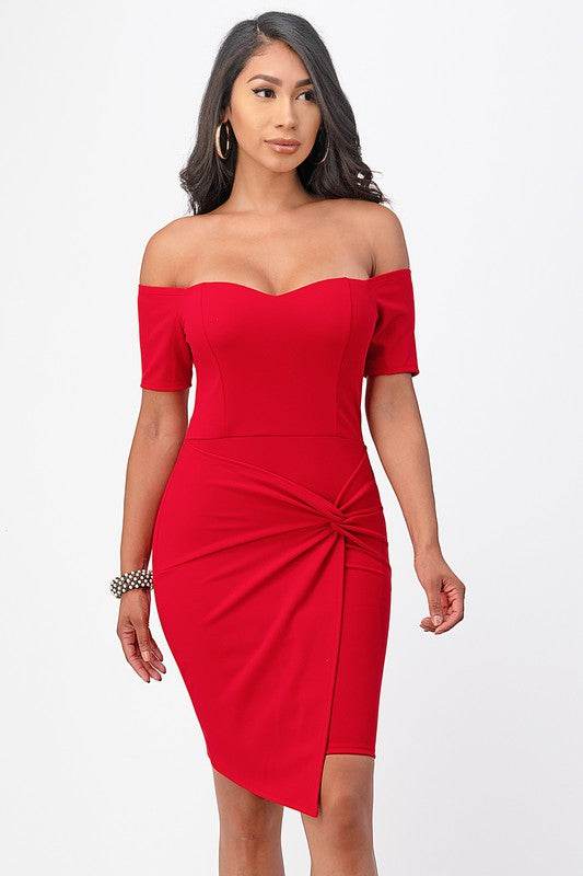 La Scala Off The Shoulder Front Twist Bodycon Dress - Rosa Apparel