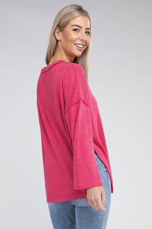 Zenana Ribbed Brushed Melange Hacci Henley Sweater - Rosa Apparel