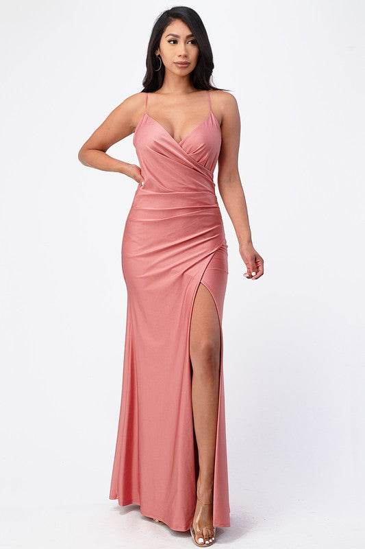 La Scala Tara Side Pleat Overlap Sleeveless Gown - Rosa Apparel