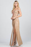 La Scala Off Shoulder Glittery Jacquard Gathered Gown - Rosa Apparel