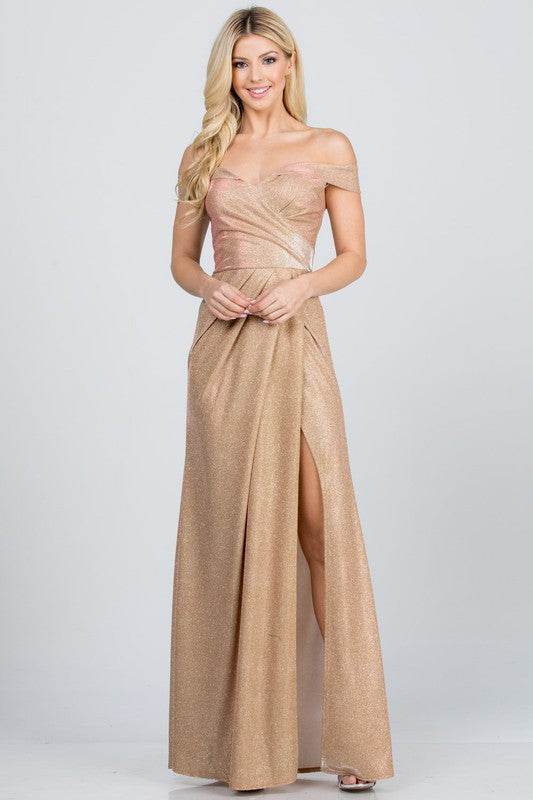 La Scala Off Shoulder Glittery Jacquard Gathered Gown - Rosa Apparel