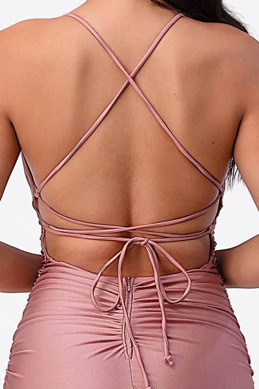 La Scala Back Lace Up Mermaid Dress With Waist Shirring - Rosa Apparel