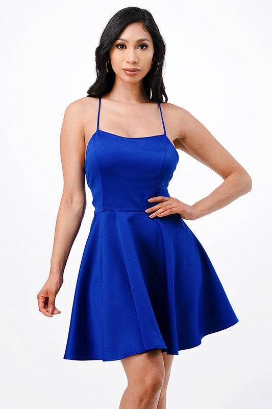 La Scala Fit And Flare Satin Like Sleeveless Lace Up Mini Dress - Rosa Apparel