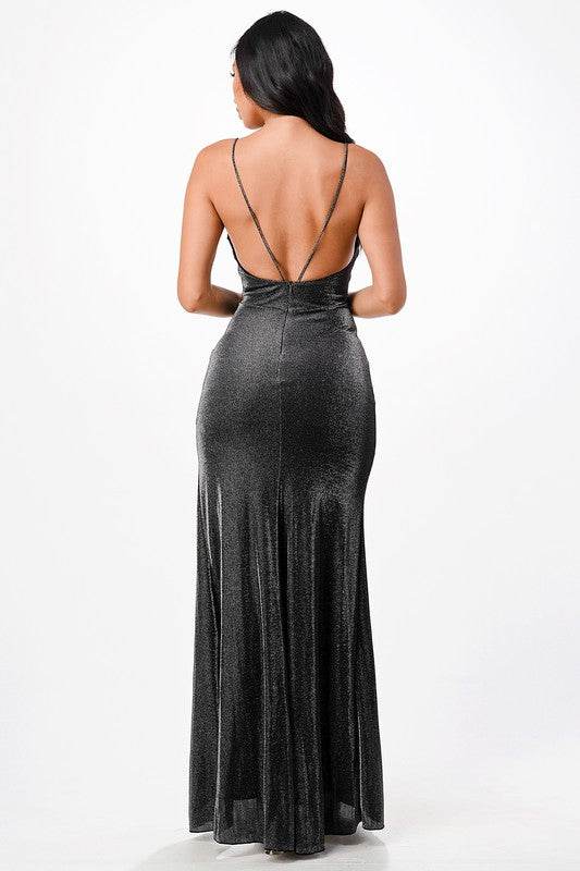 La Scala Sparkling Mermaid Knit Jacquard Side Gather Spaghetti Straps Gown - Rosa Apparel