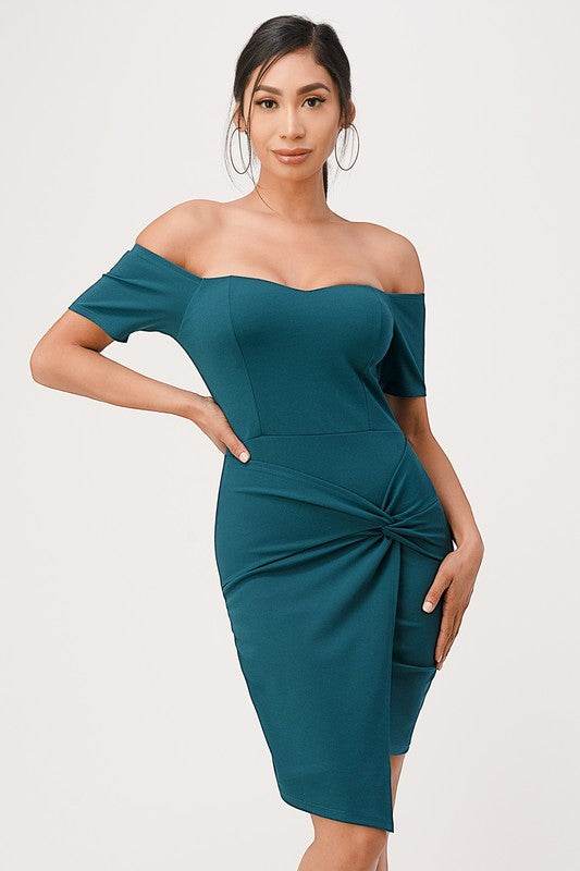 La Scala Off The Shoulder Front Twist Bodycon Dress - Rosa Apparel