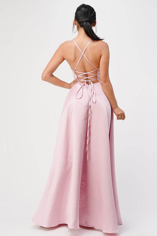 La Scala Open Side Back Spaghetti Zig Zag Tie Satin Gown - Rosa Apparel