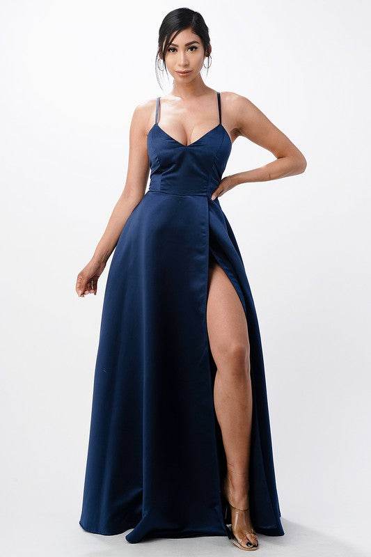 La Scala Open Side Back Spaghetti Zig Zag Tie Satin Gown - Rosa Apparel