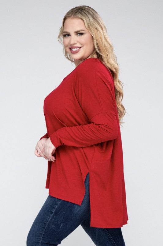 Zenana Women's Plus Dolman Sleeve V-Neck Side Slit Hi-Low Hem Blouse - Rosa Apparel