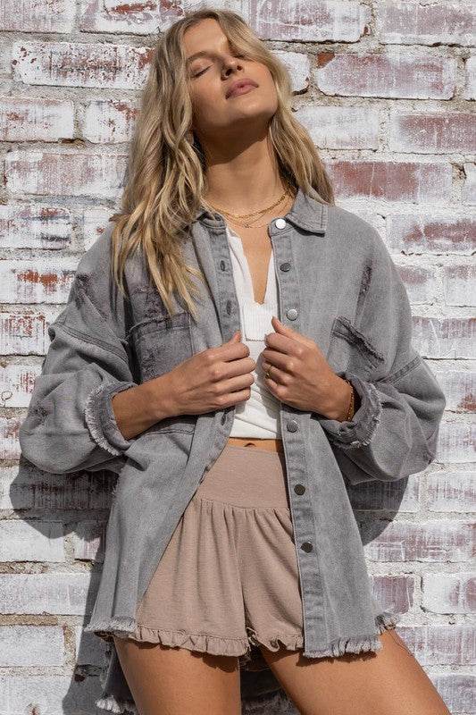 POL Casual Fringe Distressed Oversized Collar Jacket - Rosa Apparel