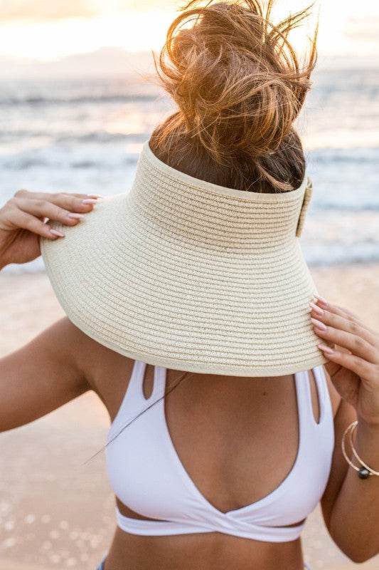 Aili's Corner Foldable Wide Brim Bow Breathable Straw Visor - Rosa Apparel