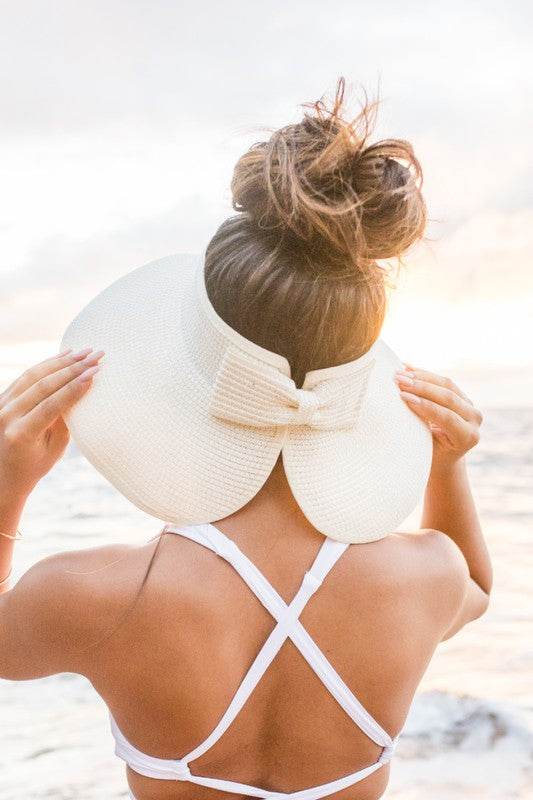 Aili's Corner Foldable Wide Brim Bow Breathable Straw Visor - Rosa Apparel