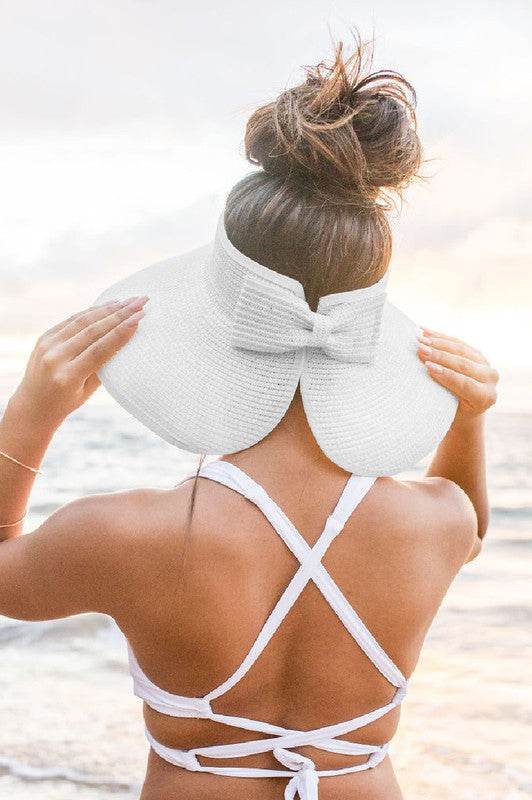 Aili's Corner Foldable Wide Brim Bow Breathable Straw Visor - Rosa Apparel