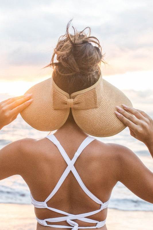 Aili's Corner Foldable Wide Brim Bow Breathable Straw Visor - Rosa Apparel