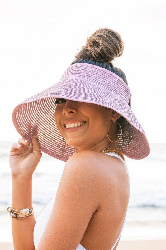 Aili's Corner Foldable Wide Brim Bow Breathable Straw Visor - Rosa Apparel