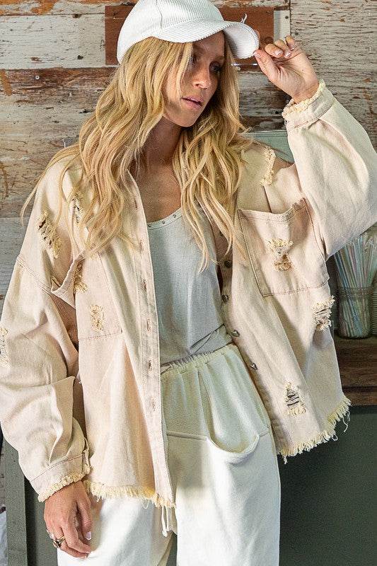 POL Casual Fringe Distressed Oversized Collar Jacket - Rosa Apparel
