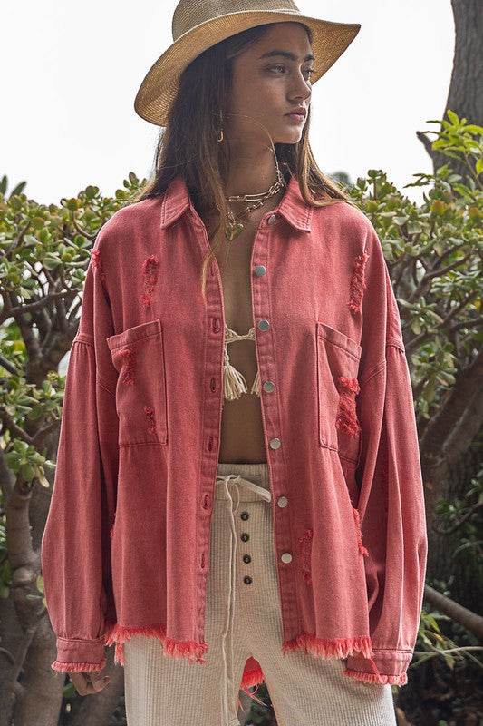 POL Casual Fringe Distressed Oversized Collar Jacket - Rosa Apparel