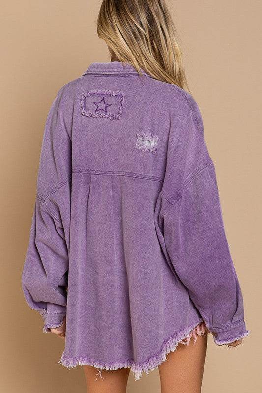 POL Casual Fringe Distressed Oversized Collar Jacket - Rosa Apparel