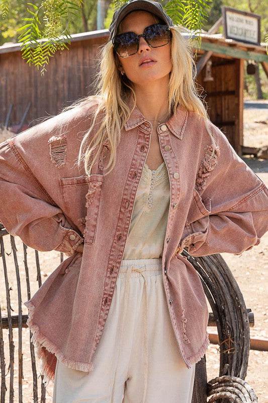 POL Casual Fringe Distressed Oversized Collar Jacket - Rosa Apparel
