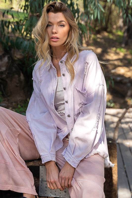 POL Casual Fringe Distressed Oversized Collar Jacket - Rosa Apparel