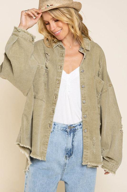POL Casual Fringe Distressed Oversized Collar Jacket - Rosa Apparel