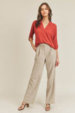 Lush V Neck High Low Hem Roll Up Button Blouse - Rosa Apparel