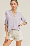 Lush V Neck High Low Hem Roll Up Button Blouse - Rosa Apparel