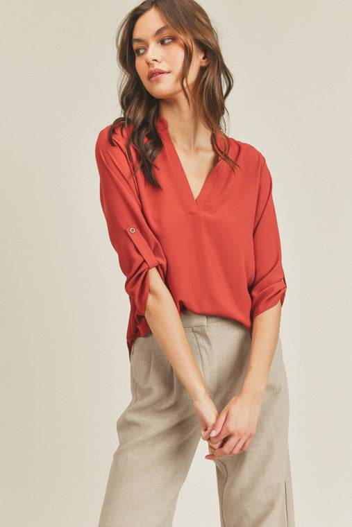 Lush V Neck High Low Hem Roll Up Button Blouse - Rosa Apparel