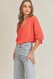 Lush V Neck High Low Hem Roll Up Button Blouse - Rosa Apparel