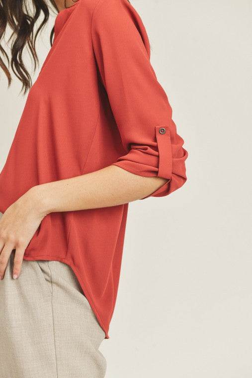 Lush V Neck High Low Hem Roll Up Button Blouse - Rosa Apparel