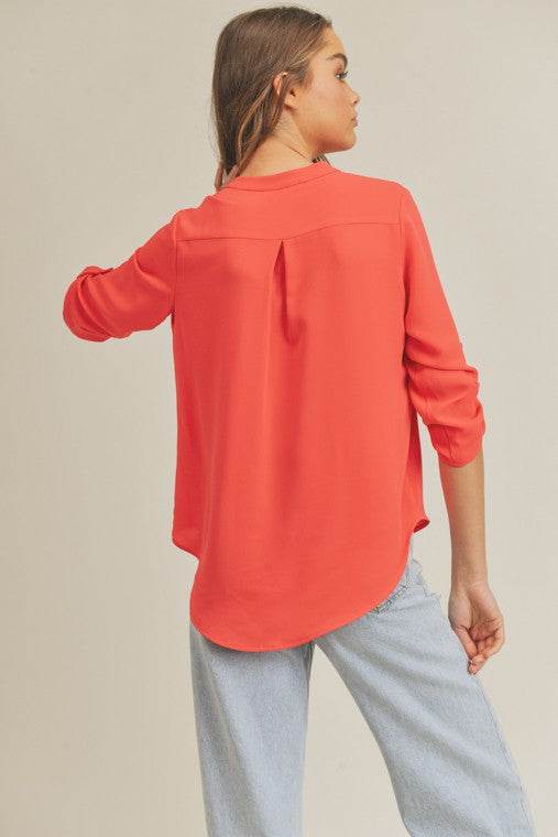 Lush V Neck High Low Hem Roll Up Button Blouse - Rosa Apparel