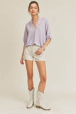 Lush V Neck High Low Hem Roll Up Button Blouse - Rosa Apparel