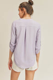 Lush V Neck High Low Hem Roll Up Button Blouse - Rosa Apparel
