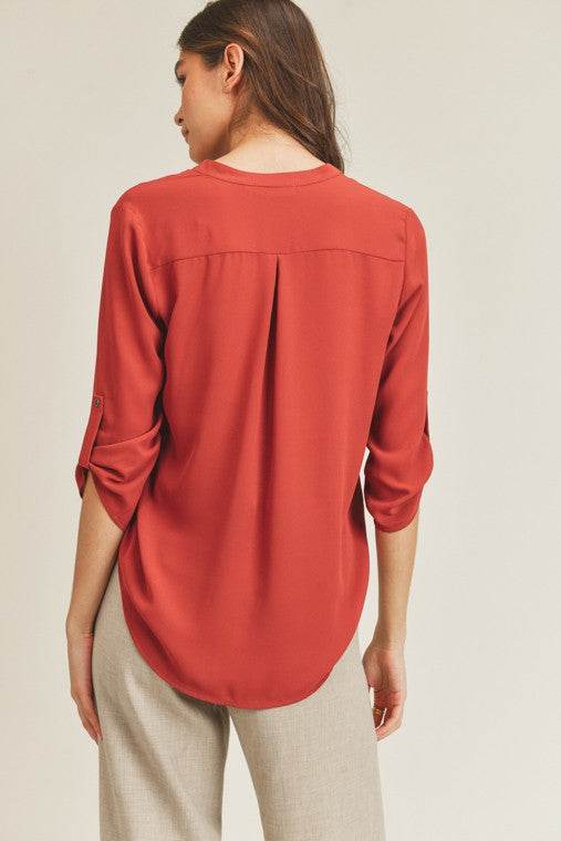 Lush V Neck High Low Hem Roll Up Button Blouse - Rosa Apparel
