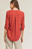 Lush V Neck High Low Hem Roll Up Button Blouse - Rosa Apparel