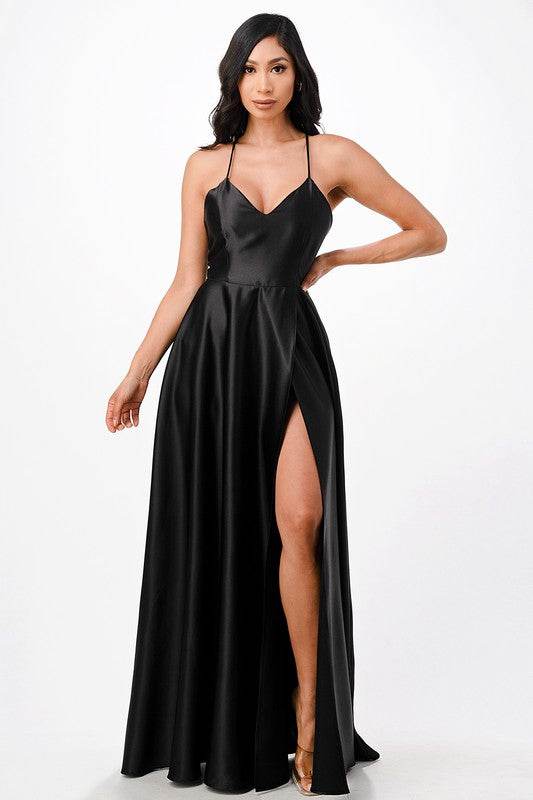 La Scala Open Side Back Spaghetti Zig Zag Tie Satin Gown - Rosa Apparel