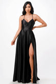 La Scala Open Side Back Spaghetti Zig Zag Tie Satin Gown - Rosa Apparel